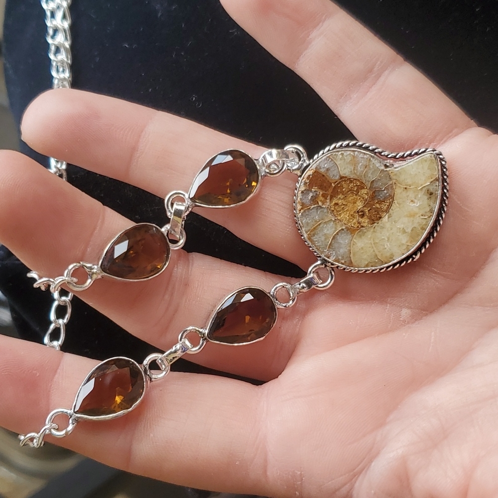 New Ammonite Fossil and Smoky Topaz 925 Silver Necklace.